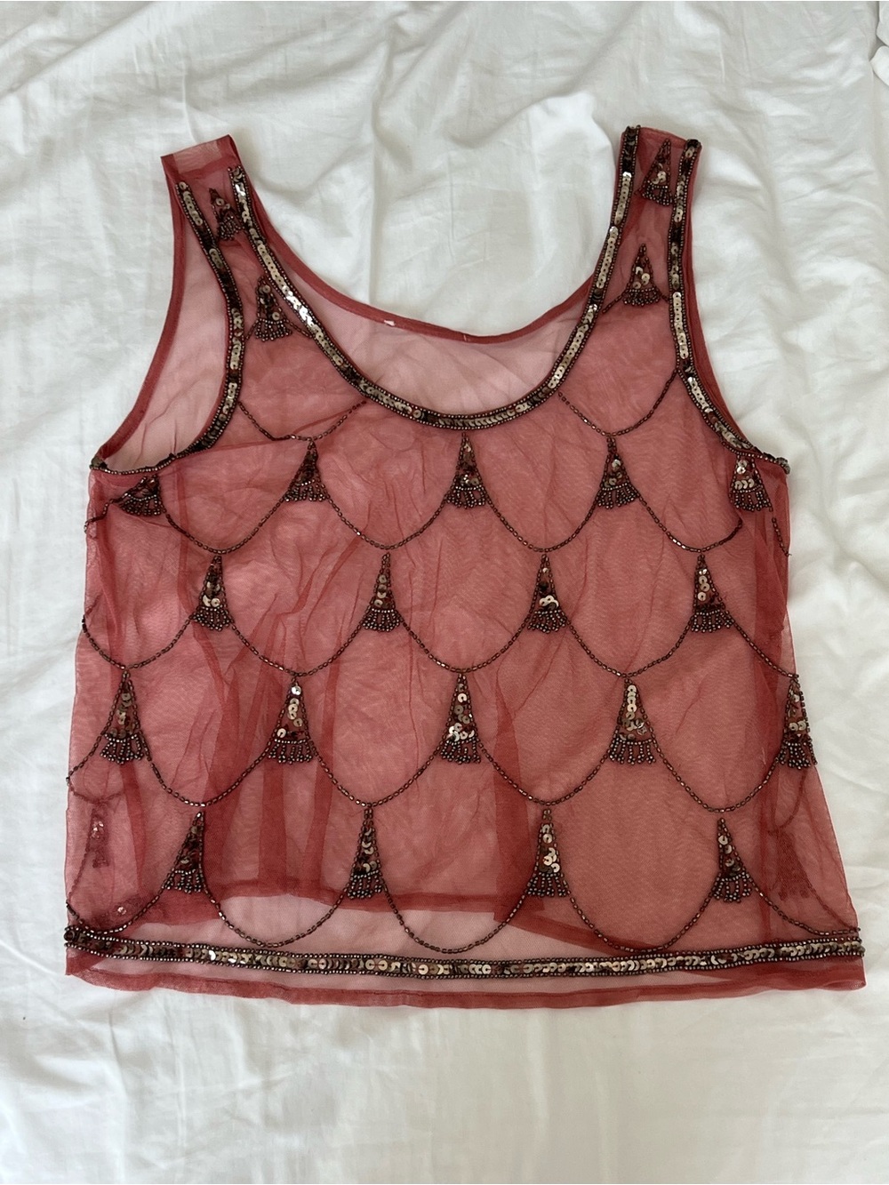 Anthropology Beaded Mesh Tank Top - Dusty Rose
